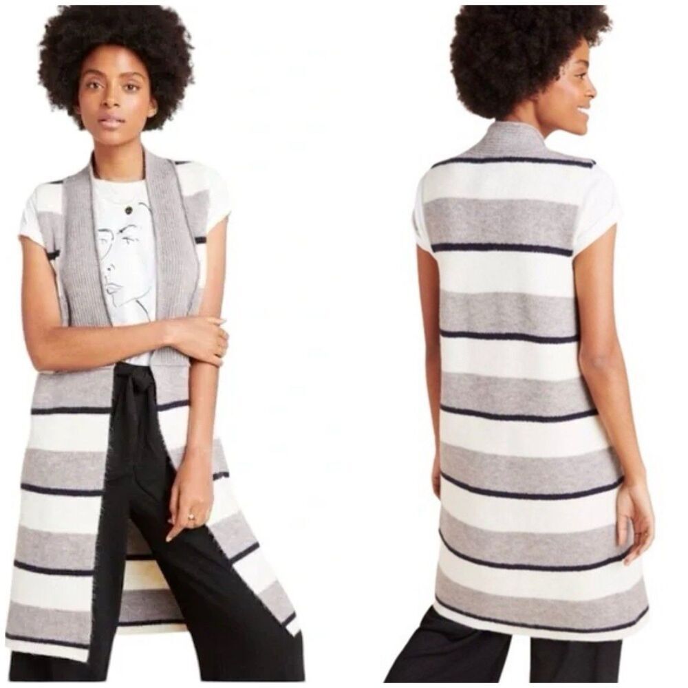 Anthropologie Pencey Longline Striped Knit Cardigan Vest Size Large Preppy